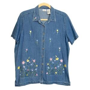 Vintage Denim Embroidered Button Shirt Women 18W/20W Floral Short Sleeve